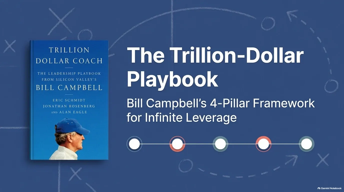 Title slide: The Trillion-Dollar Playbook, Bill Campbell's 4-Pillar Framework for Infinite Leverage, shown next to the Trillion Dollar Coach book cover.