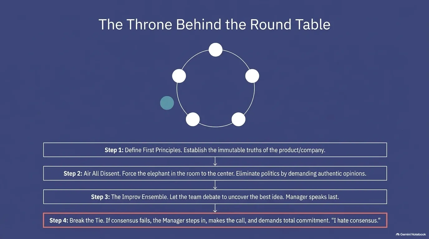 Four decision steps. Step 1: define first principles. Step 2: air all dissent and bring the elephant in the room to the center. Step 3: the improv ensemble, where the team debates and the manager speaks last. Step 4: break the tie, where the manager makes the call and demands total commitment.