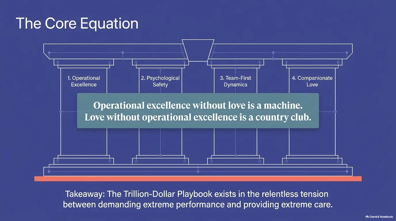 Four pillars: operational excellence, psychological safety, team-first dynamics, and companionate love. Operational excellence without love is a machine. Love without operational excellence is a country club.